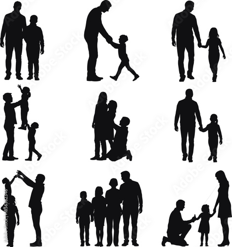 Silhouettes of families and children in various poses and interactions
