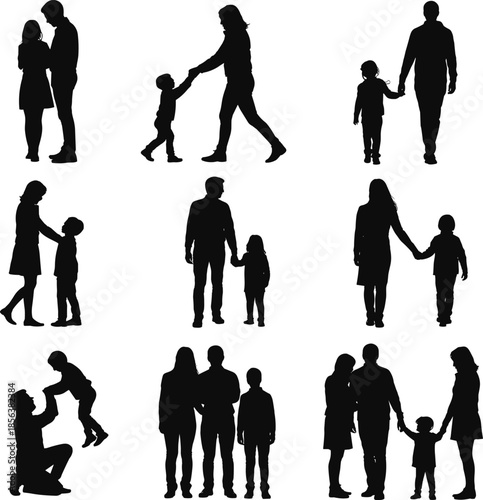 Silhouettes of Families and Children in Various Positions