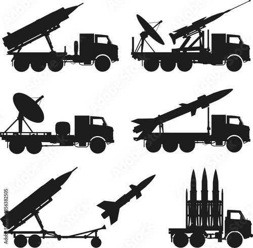 Silhouettes of Military Missile Launchers on Trucks