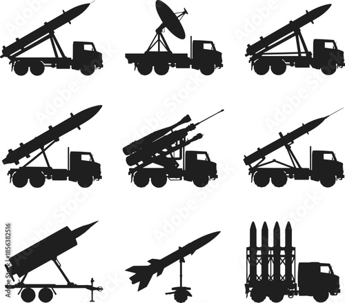 Silhouettes of Military Missile Launchers and Radar Trucks