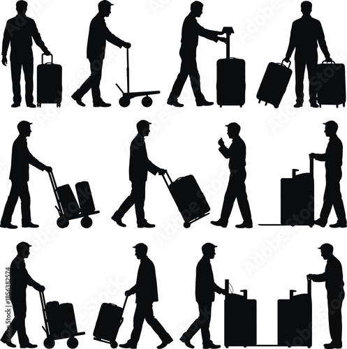 Silhouettes of people carrying luggage and using carts