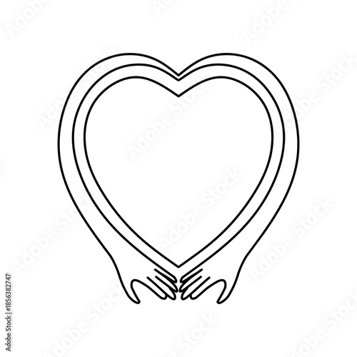 Hands hugging heart shape vector line art. Concept of love and care, happy valentine day
