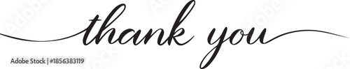 Elegant black cursive script spelling out the words "thank you" with decorative swirls on a white background