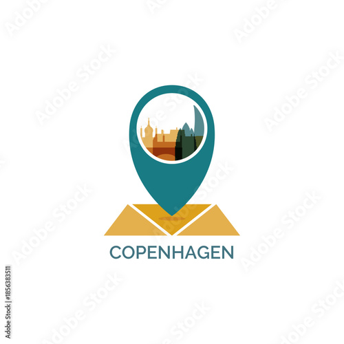 Copenhagen icon of map pin pointer, geolocation, skyline shape. Vector logo, isolated clip art. Denmark web symbol with landmarks and buildings