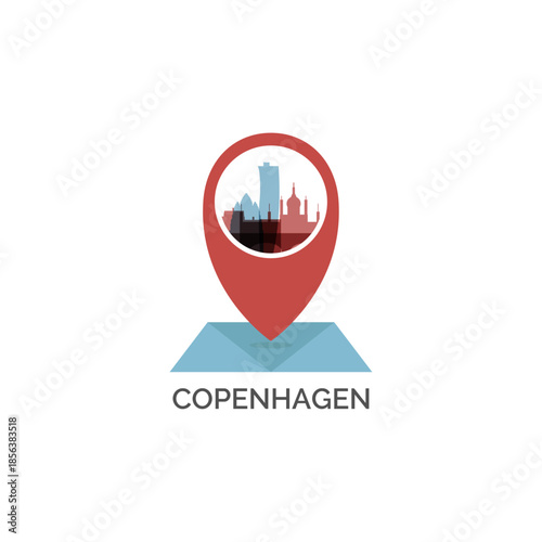 Copenhagen icon of map pin pointer, geolocation, skyline shape. Vector logo, isolated clip art. Denmark web symbol with landmarks and buildings