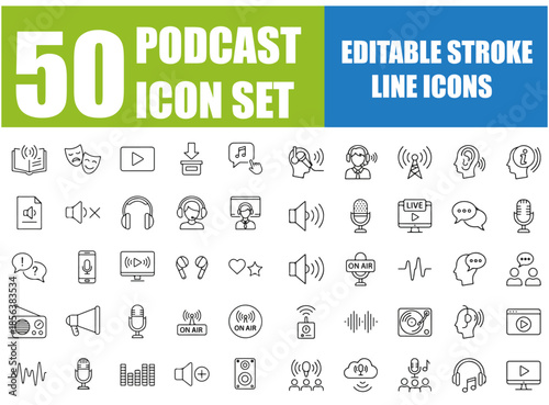 Podcast Line Icons Set, Editable Stroke Vector Illustration of Microphone, Radio, Webcast, Audio, Video, News, Broadcasting, Sound, Studio, Podcaster, Audiobook, Headphones and Media Production