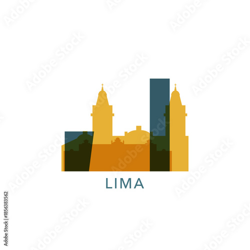 Lima logo, clip art with cityscape, skyline, panorama, skyscrapers. Vector flat isolated illustration. Peru city image with landmarks and buildings