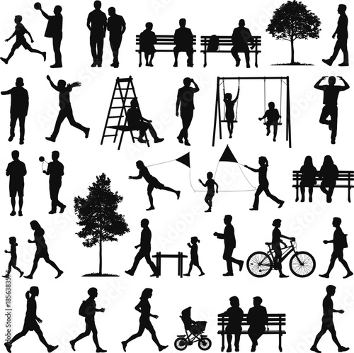 Silhouettes of people engaging in various park activities