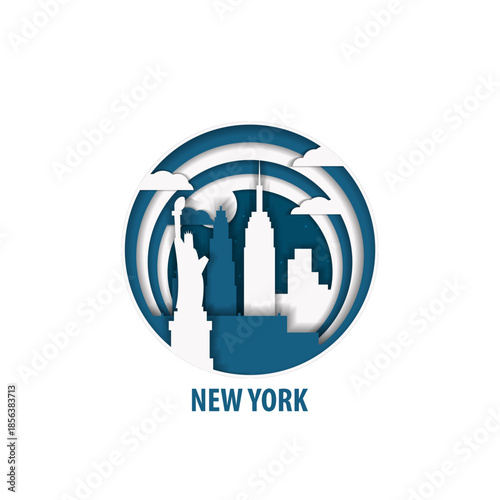 NYC, New York USA paper cut, cityscape crafted vector illustration. Origami, layered art of city with skyline, buildings, landscape shape for sticker, badge, web, print