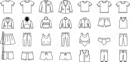 Clothing grid illustration, fashion items, wardrobe elements, apparel styles, minimal line art, trendy outfit icons, flat vector illustration
