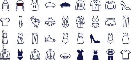 Clothing icon set, fashion symbols, apparel elements, wardrobe items, minimal style, trendy outfit pieces, flat vector 