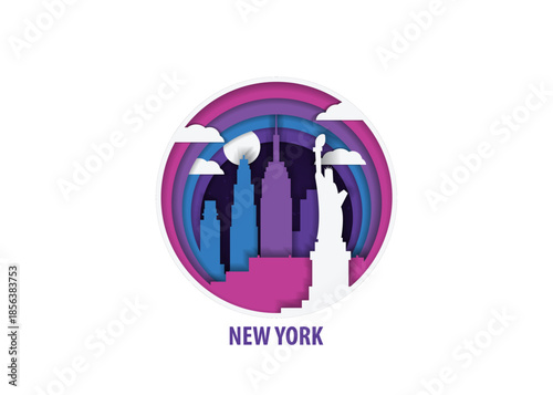 NYC, New York USA paper cut, cityscape crafted vector illustration. Origami, layered art of city with skyline, buildings, landscape shape for sticker, badge, web, print