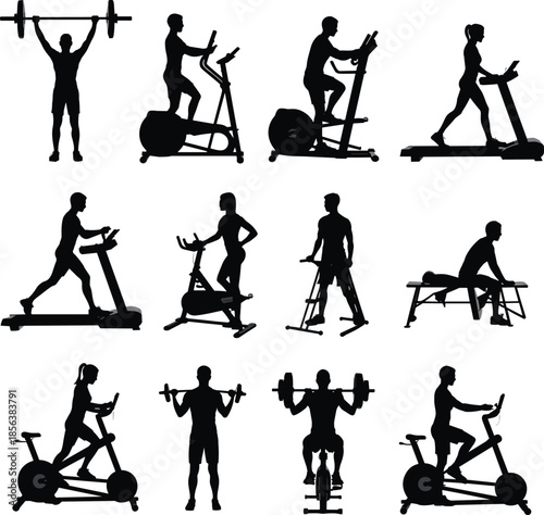 Silhouettes of people exercising with various gym equipment