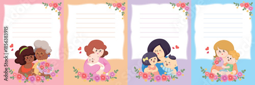 Cute Mother and Child Mother's Day Card Soft Pastel Childrens Storybook Style Letter Paper Vector Set