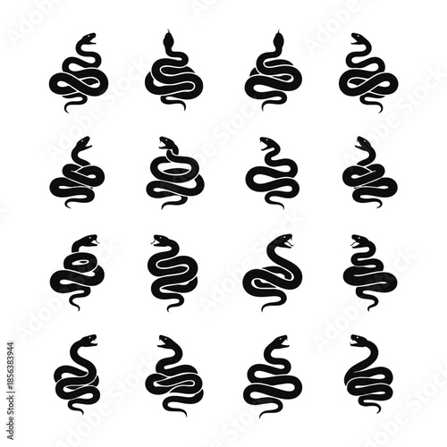 Silhouetted snake coils and strikes in various poses against a white backdrop, conveying a sense of danger and mystique, perfect for thematic projects.