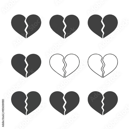 Broken hearts symbolize heartbreak, loss, and emotional pain, arranged in a grid pattern against a white backdrop, conveying sadness and vulnerability.