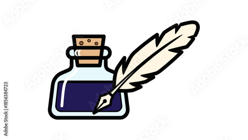 Ink Bottle with Quill Pen Illustration.
