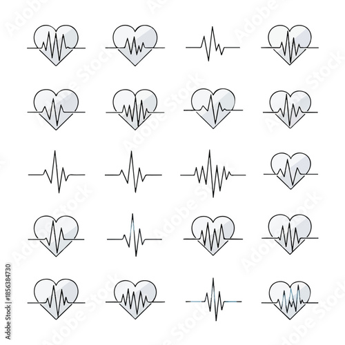 Heartbeat lines showing various heart conditions and rhythms on white backdrop, representing cardiovascular health and medical diagnostics.