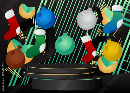 Mockup product display with Christmas stocking and decoration ball. Vector cylinder pedestal podium. Stage showcase for presentation. Minimal geometric forms.