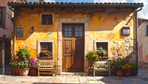 Charming Old Italian House Facade with Rustic Yellow Walls and Floral Accents