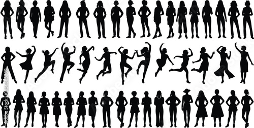 Women Silhouette Vector Collection Featuring Diverse Female Poses Standing Dancing Jumping and Fashion Silhouettes Isolated on White Background for Graphic Design.