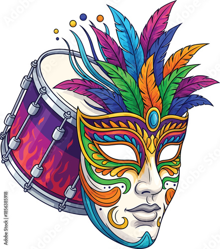 Flat 2D vector of samba drum transforming into carnival mask vibrant colors white background design