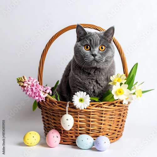 Gray cat sits in a decorated wicker basket with spring flowers & eggs