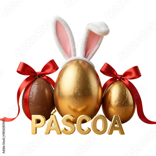 Festive Easter eggs with bunny ears and golden text