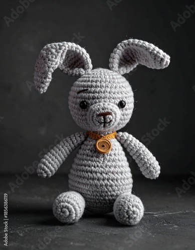 Gray crocheted bunny doll with button neck accent on a textured backdrop