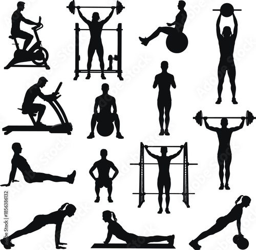 Silhouettes of People Performing Various Gym Exercises