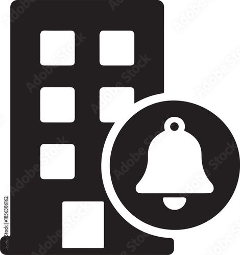 Apartment building with bell mark icon representing tenant notification and alert system, bold vector EPS.