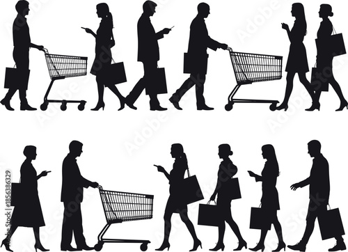 Silhouettes of people shopping with baskets and bags 1