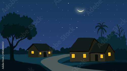 Village night scene landscape in calm winter  weather