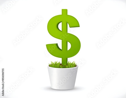 Green dollar symbol growing in a white plant pot, white backdrop