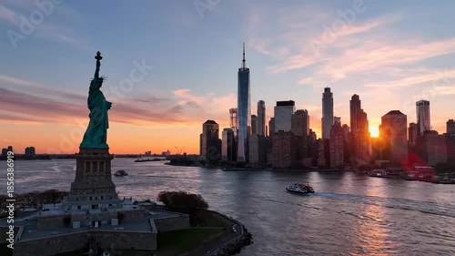 Liberty statue and city skyline at dawn