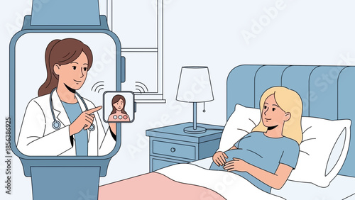 Doctor conducting a telemedicine consultation with a patient lying in a hospital bed