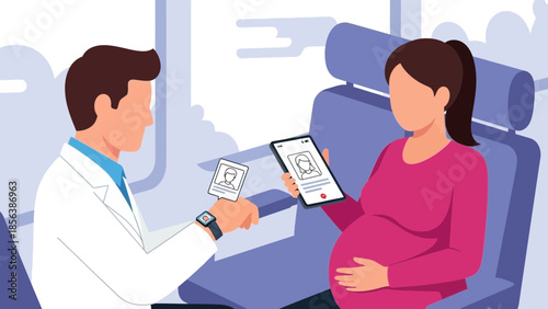 Expectant mother receiving prenatal care from a doctor in a clinical setting