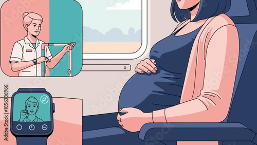 Expectant mother comfortably seated on a train with a visible pregnancy bump and a smartwatch display