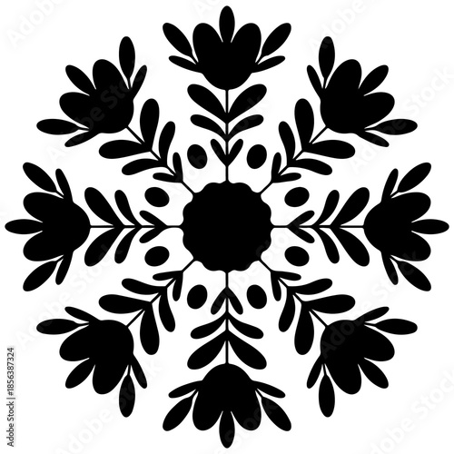 Black floral snowflake silhouette with dots and petal shapes on white background
