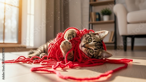 Kitten tangled in red yarn on a wooden floor, playfully looking up