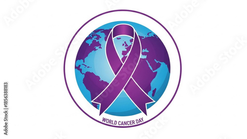 World cancer day awareness purple ribbon on globe symbolizing global health campaign for cancer research and support