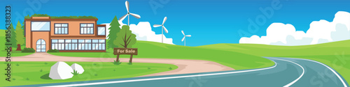 Modern eco friendly house with a For Sale sign wind turbines and a curved asphalt road on green hills. Vector illustration of sustainable real estate and countryside landscape.
