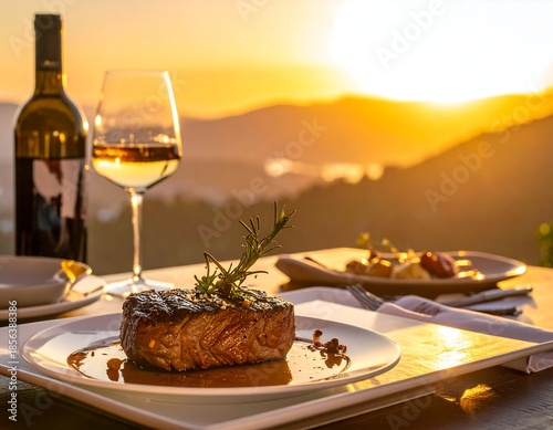 Grilled steak on a plate with wine overlooking sunset