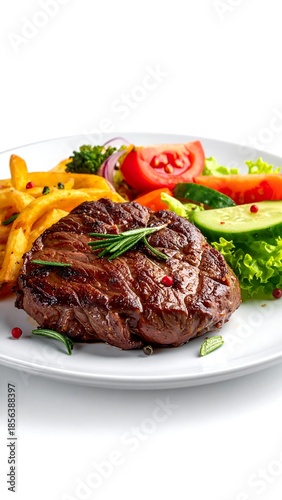 Grilled steak with fries, salad, and garnishes, on a white plate