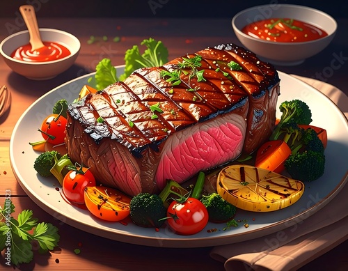 Grilled steak with vegetables and sauce on a wooden table