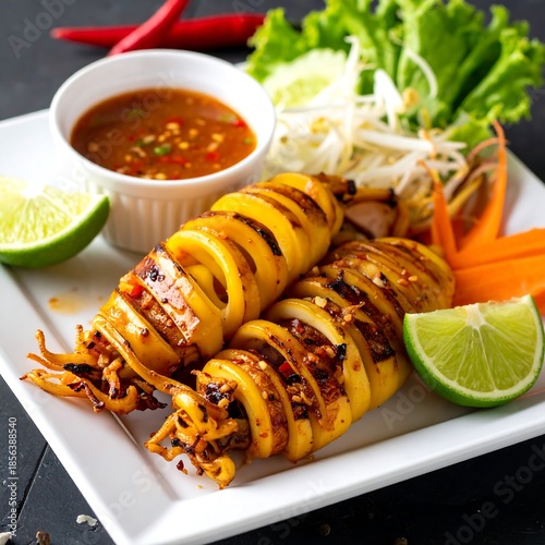 Grilled stuffed squid with dipping sauce and fresh vegetable garnishes