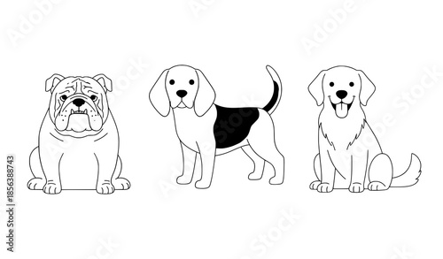 Cute dog breeds flat vector illustration set featuring bulldog beagle and golden retriever