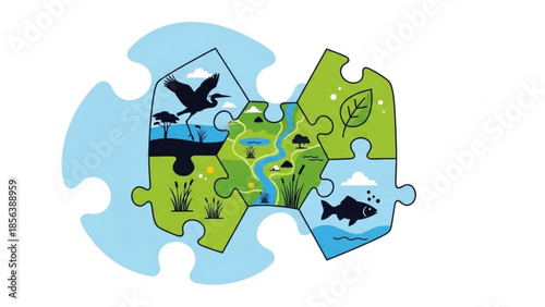 Eco friendly puzzle pieces with nature scenes and animals, environmental conservation concept