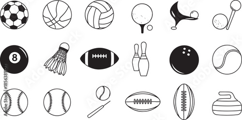 Black and white sports balls and equipment isolated