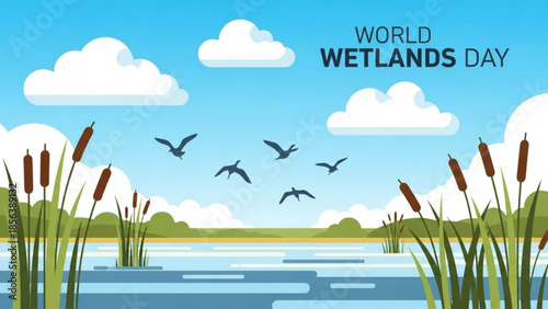 World wetlands day, wetland landscape with cattails and flying birds on blue sky background with clouds, environmental conservation concept